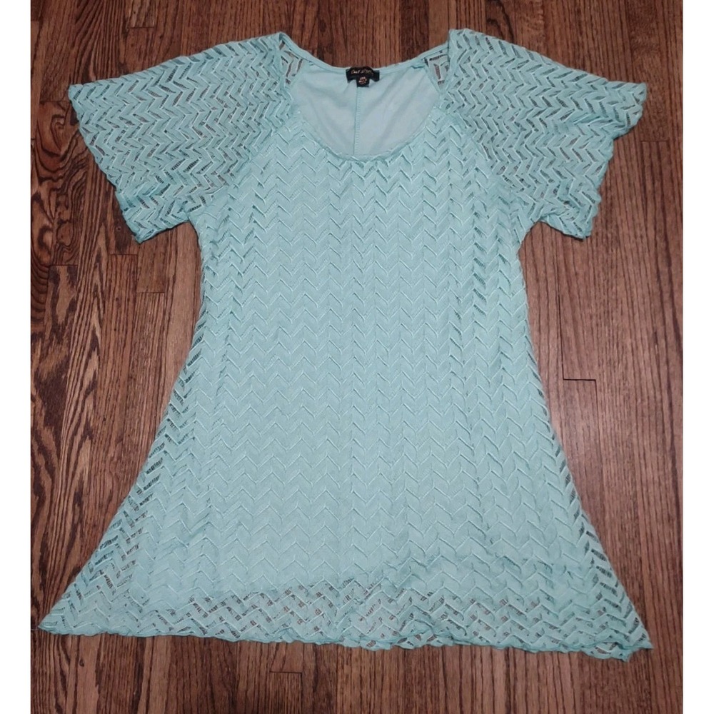 Cal Style USA Women 2XL Mint Green Chevron Crochet Lace Flutter Sleeve Tunic Top